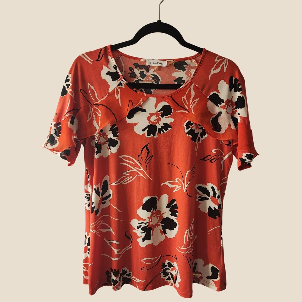 Calvin Klein Womens Coral Orange Floral Ruffle Top M Business Casual CareerWear